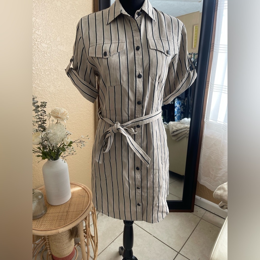 Rag & Bone Roxanne Utility Shirt Dress Linen Blend Beige Black Stripe Belted .